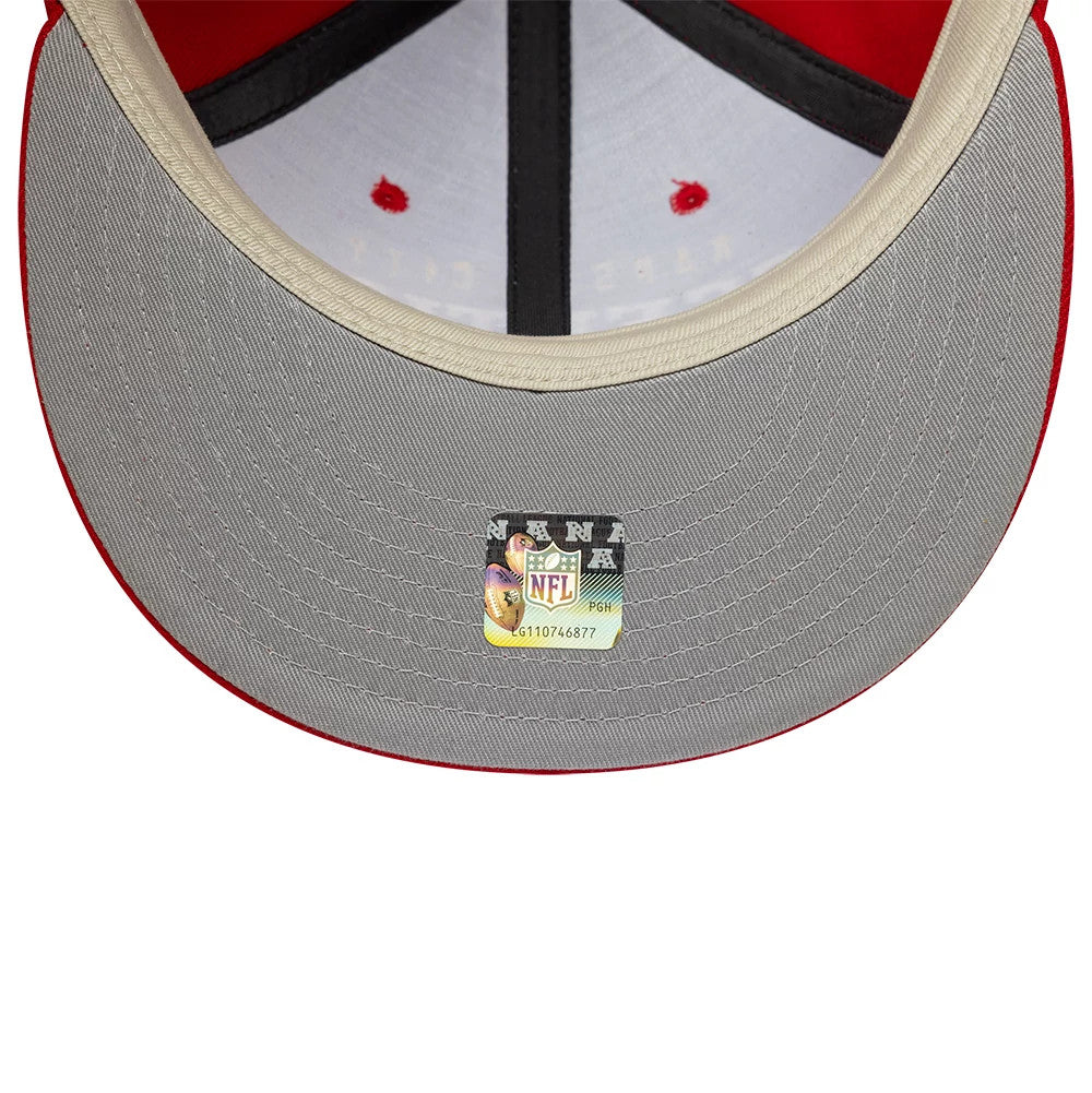 Kansas City Chiefs Fear Of God x NFL Red Retro Crown New Era 9FIFTY Adjustable Cap, inside view showing grey undervisor with an NFL sticker, red eyelets on the white lining, and a beige sweatband around the edge.