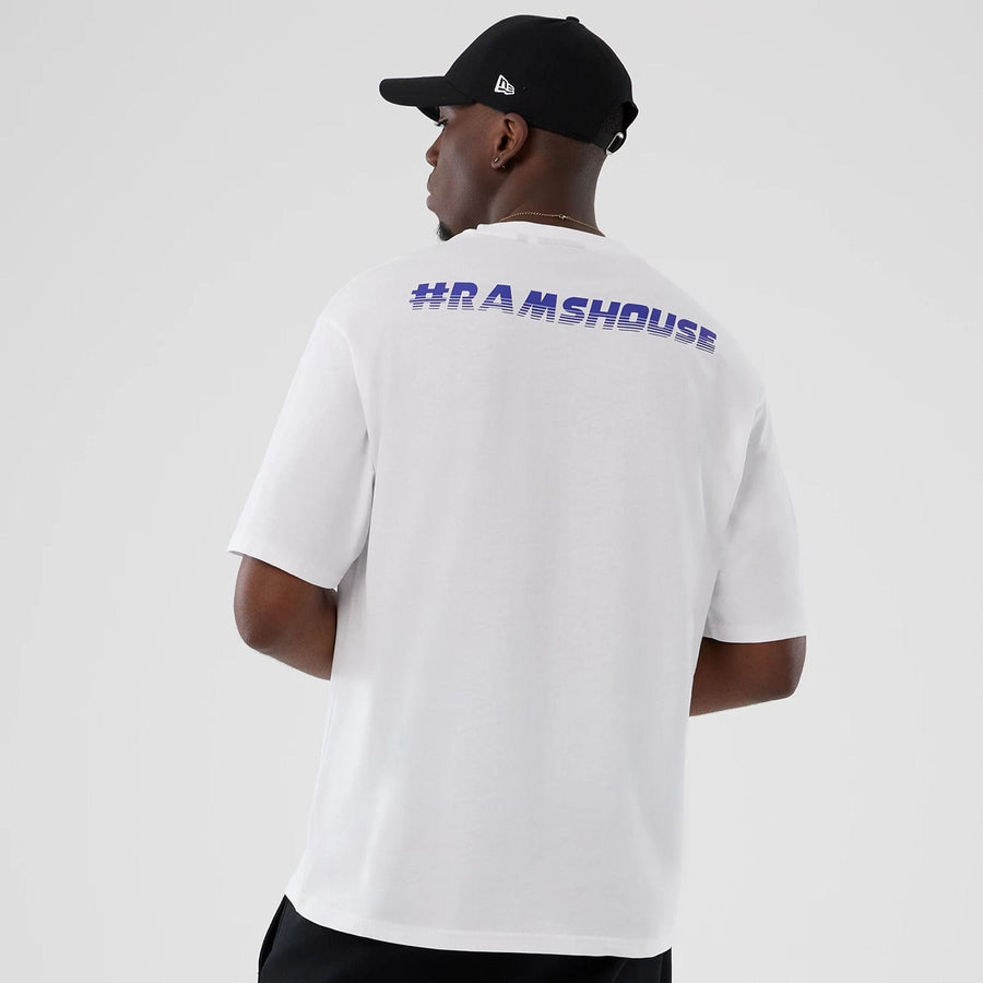 The Male model is wearing LA Rams NFL International Series Games 2025 White Oversized T-Shirt  2