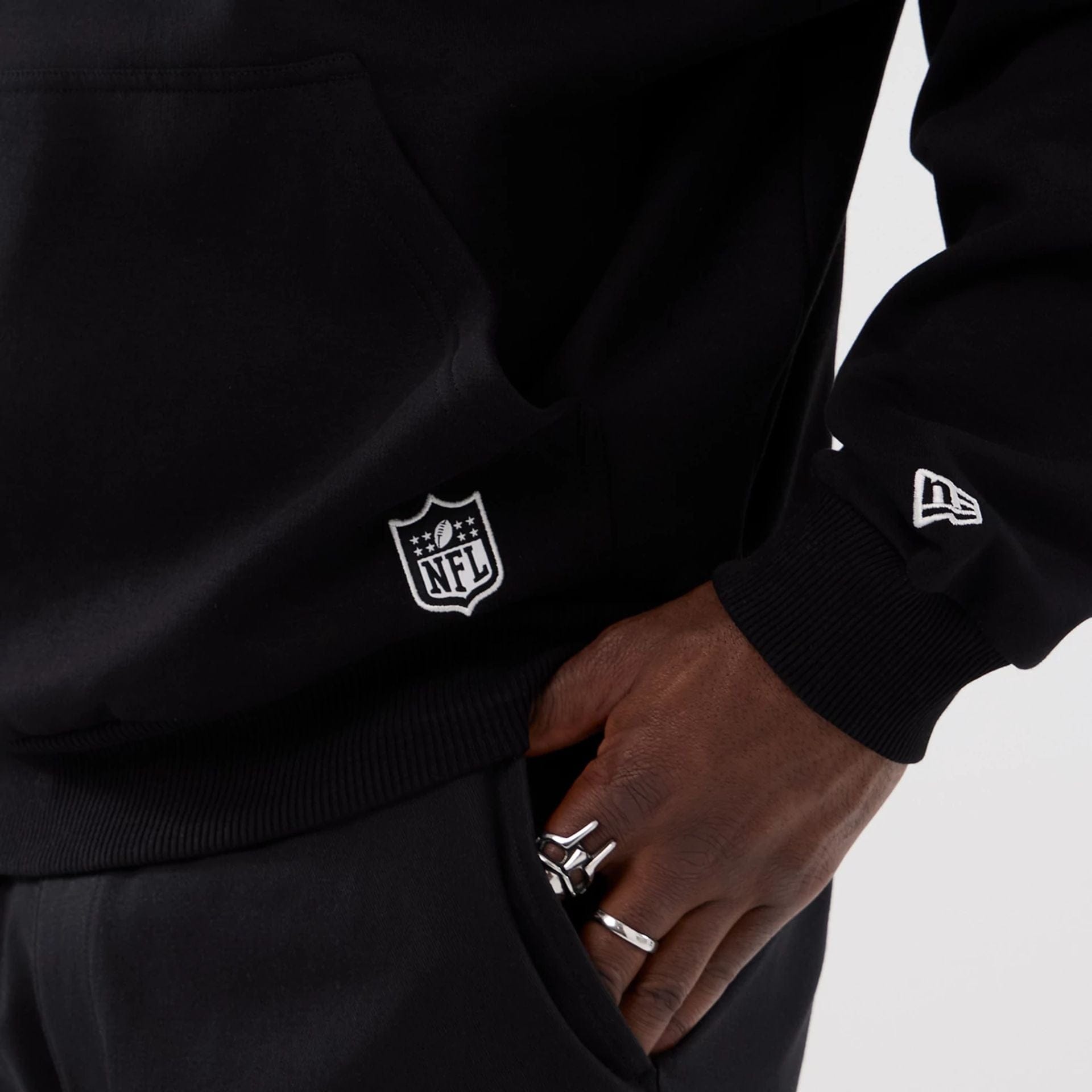 The Male model is wearing Atlanta Falcons NFL International Series Games 2025 Black Premium Pullover Hoodie  5