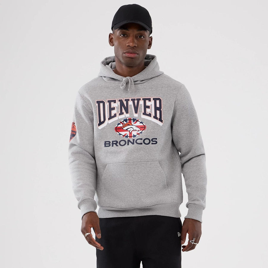 The Male model is wearing Denver Broncos NFL International Series Games 2025 Grey Pullover Hoodie  1