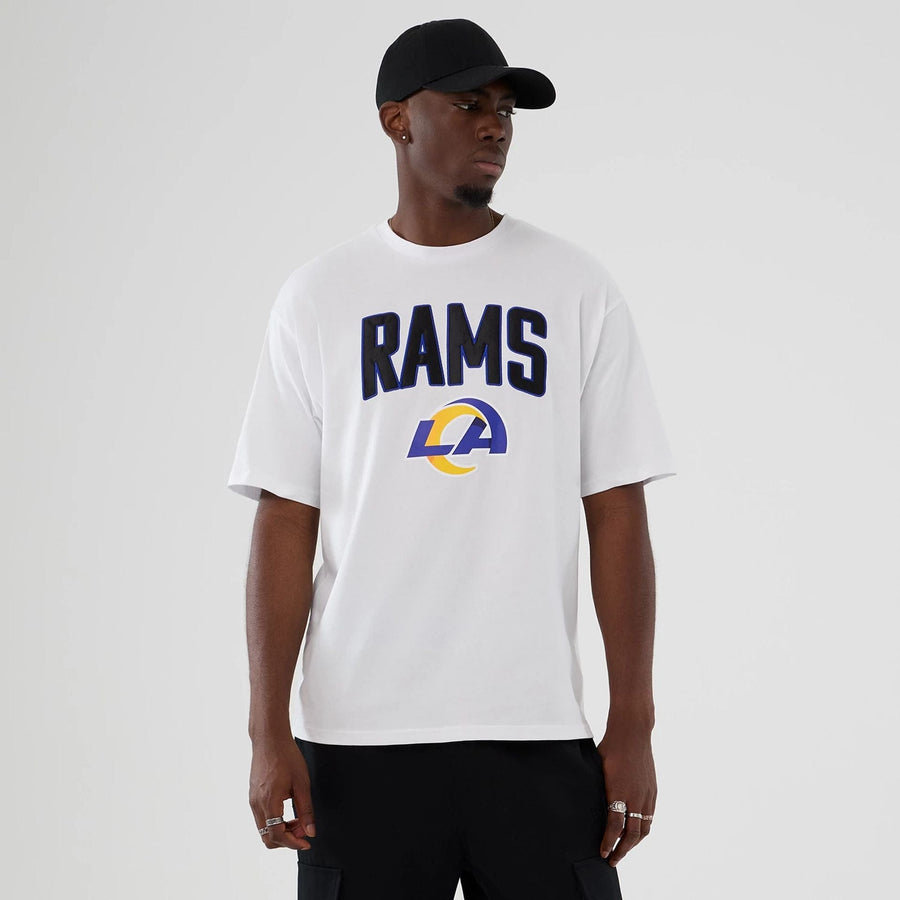 The Male model is wearing LA Rams NFL International Series Games 2025 White Premium T-Shirt  1