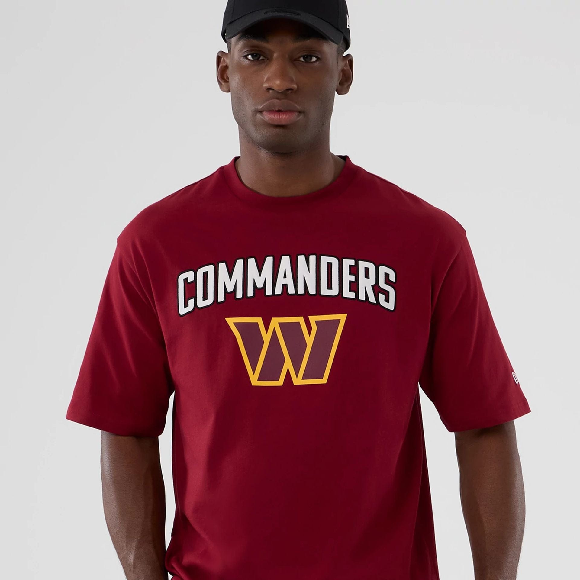 The Male model is wearing Washington Commanders NFL International Series Games 2025 Dark Red Premium T-Shirt  5
