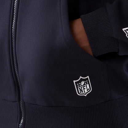 New Era Denver Broncos NFL International Series Games 2025 Navy Premium Pullover Hoodie, front view showing the ribbed cuffs and a white embroidered NFL logo on the lower left side above the waistband, with a zip along the front.