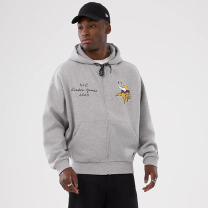 The Male model is wearing Minnesota Vikings NFL International Series Games 2025 Grey Premium Pullover Hoodie  1