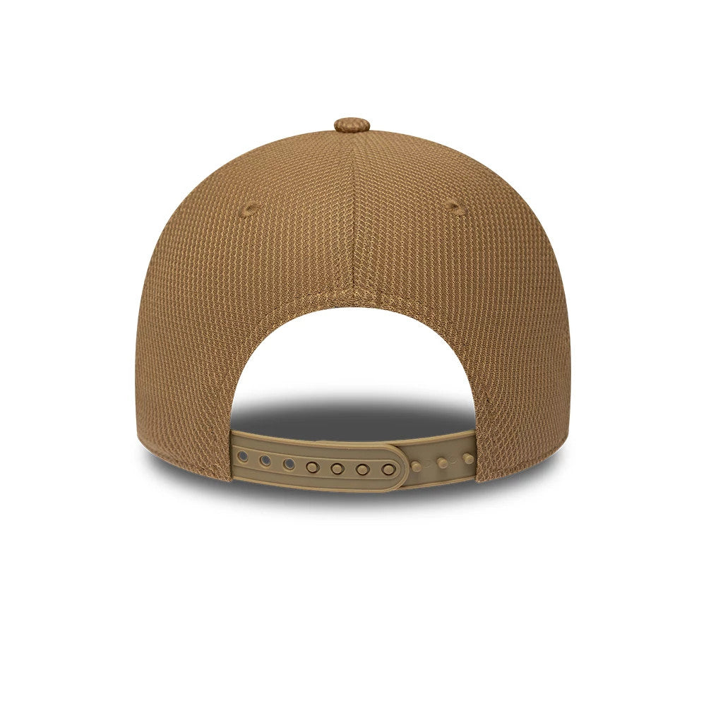 Visa Cash App Racing Bulls F1 Race Special Dark Beige New Era 9FORTY Adjustable Cap, rear view showing a structured dark beige crown, a matching top button and eyelets, and a dark beige adjustable strap with snap closure.