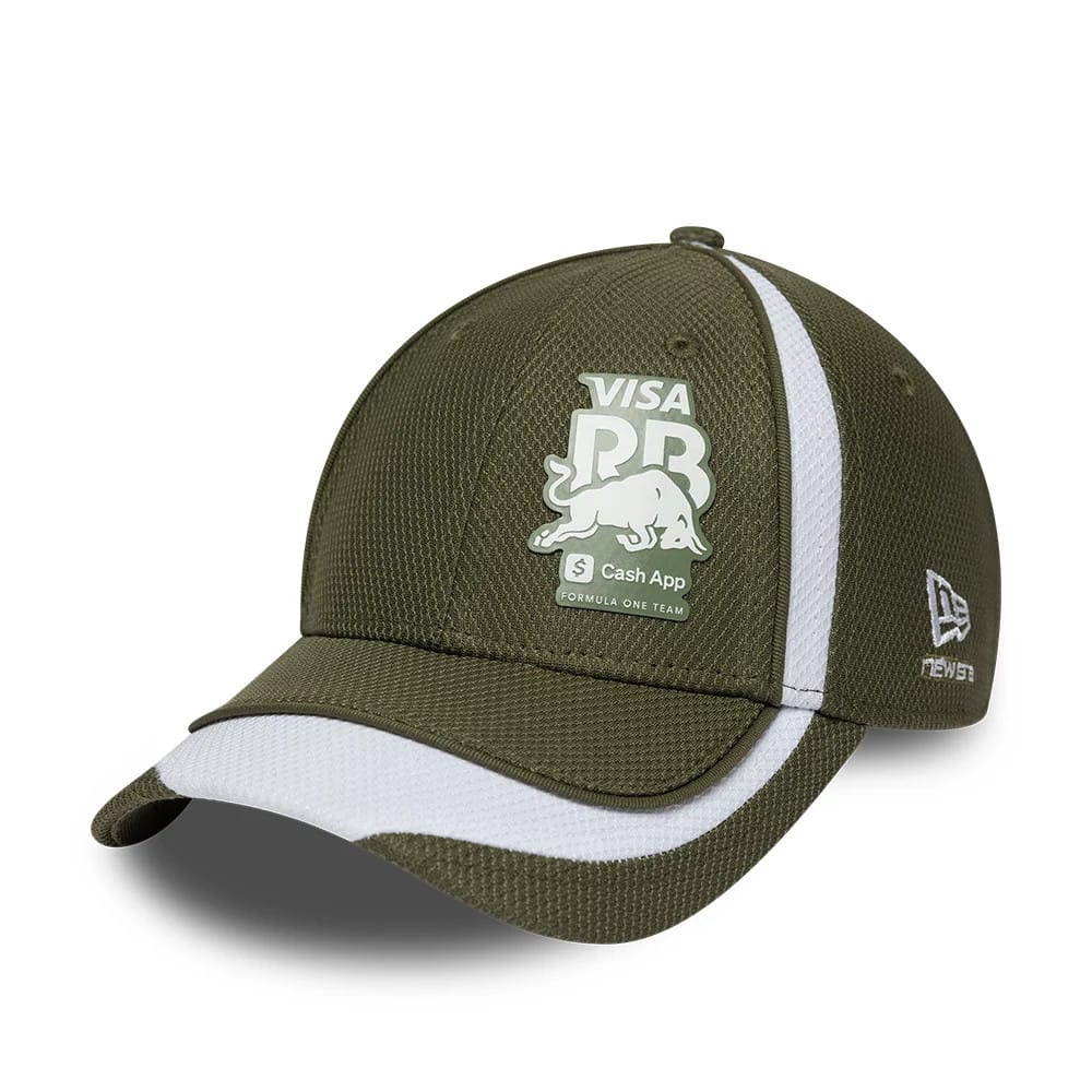 Visa Cash App Racing Bulls F1 Race Special Green New Era 9FORTY Adjustable Cap, three-quarter view showing the white and green Visa RB logo on the front panel, white stripe detail, curved visor and embroidered New Era flag logo on the left side.