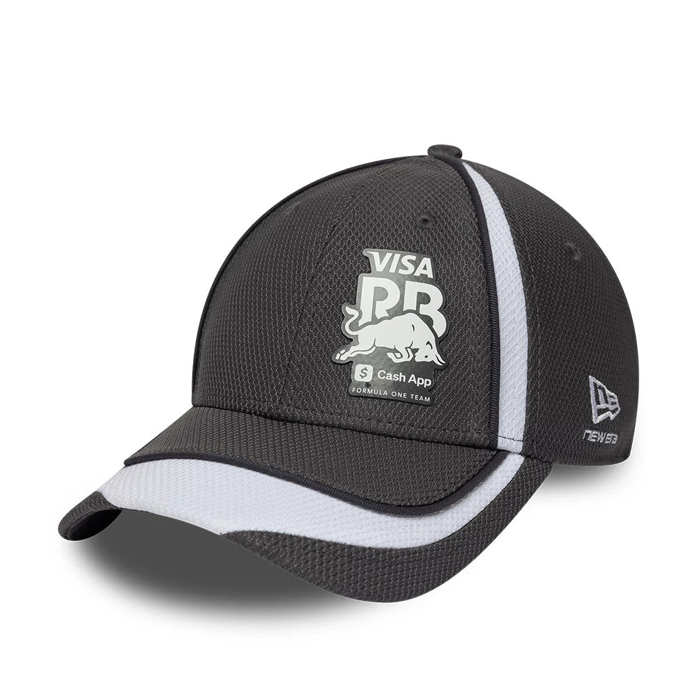 Visa Cash App Racing Bulls F1 Race Special Dark Grey New Era 9FORTY Adjustable Cap, three-quarter view showing the white Visa and Red Bull logo in raised embroidery on the dark grey front panels.