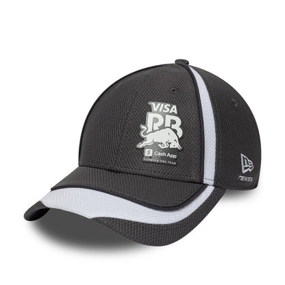 Visa Cash App Racing Bulls F1 Race Special Dark Grey New Era 9FORTY Adjustable Cap, three-quarter view showing the white Visa and Red Bull logo in raised embroidery on the dark grey front panels.