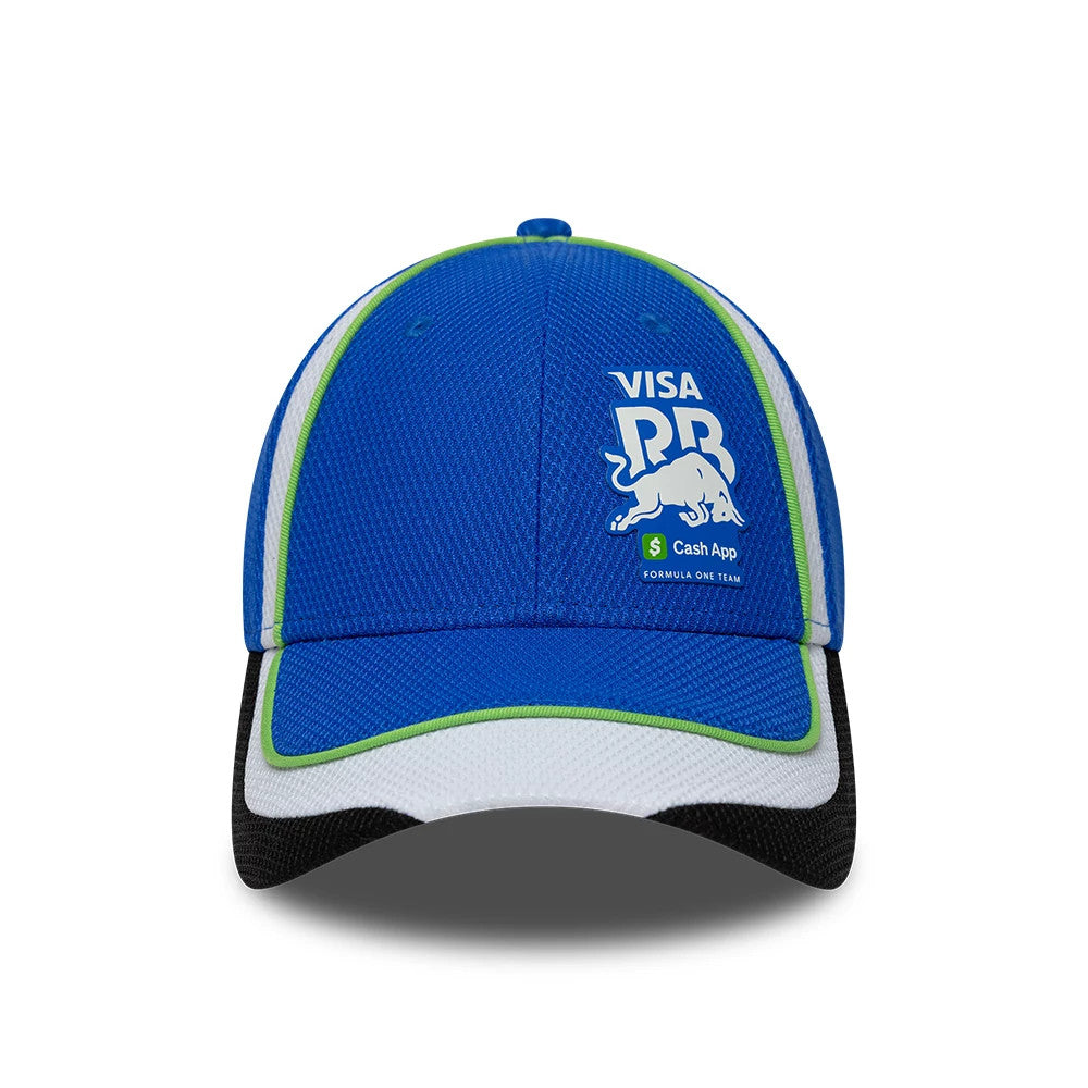 Visa Cash App Racing Bulls Team Bright Blue New Era 9FORTY Adjustable Cap, front view showing the central white and green Visa and Cash App logos on the structured bright blue crown with contrasting black and white visor.