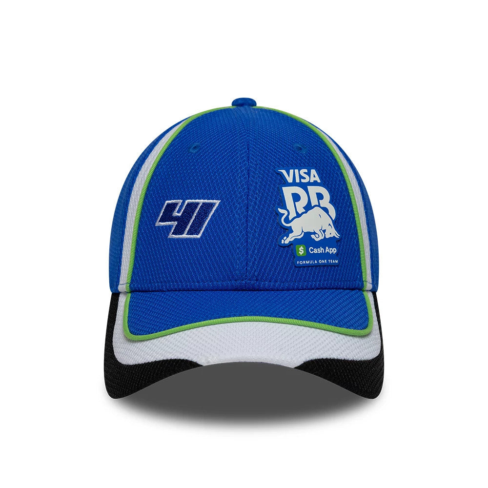 Visa Cash App Racing Bulls Teamline 2026 Blue New Era 9FORTY Adjustable Cap, front view showing the white Visa Cash App Racing Bulls logo and blue '41' embroidery on the structured blue crown, with a black, white, and green-edged visor.