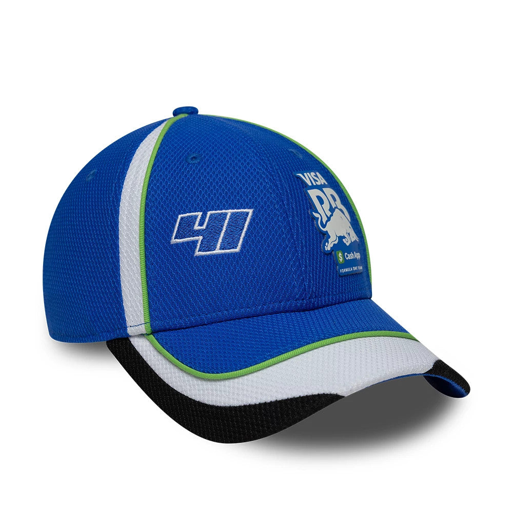 Visa Cash App Racing Bulls Teamline 2026 Blue New Era 9FORTY Adjustable Cap, three-quarter view showing the large raised Visa PR and Bulls logos on the blue mesh front panel, with the number 41 in white embroidery on the side.