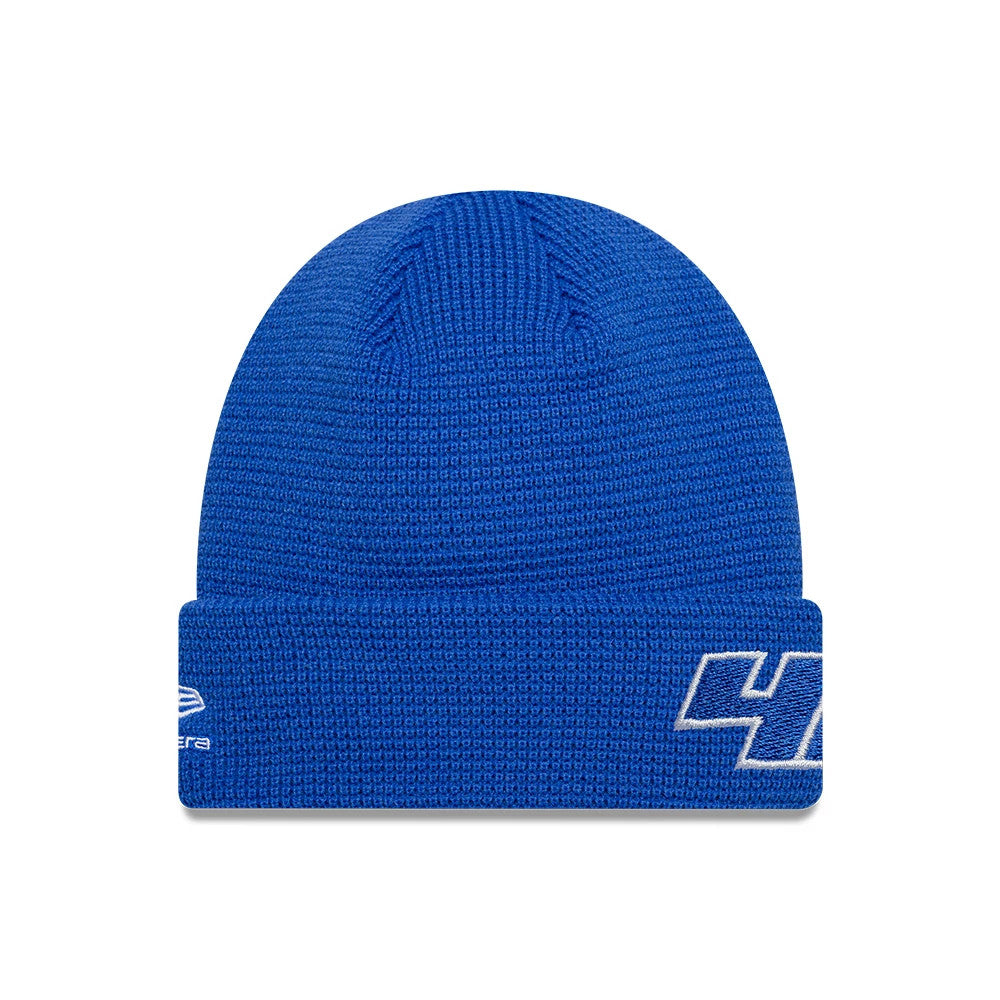 New Era Visa Cash App Racing Bulls Teamline 2026 Bright Blue Cuff Knit Beanie Hat, front view showing a white '44' embroidered on the cuff and a New Era flag logo on the left side.