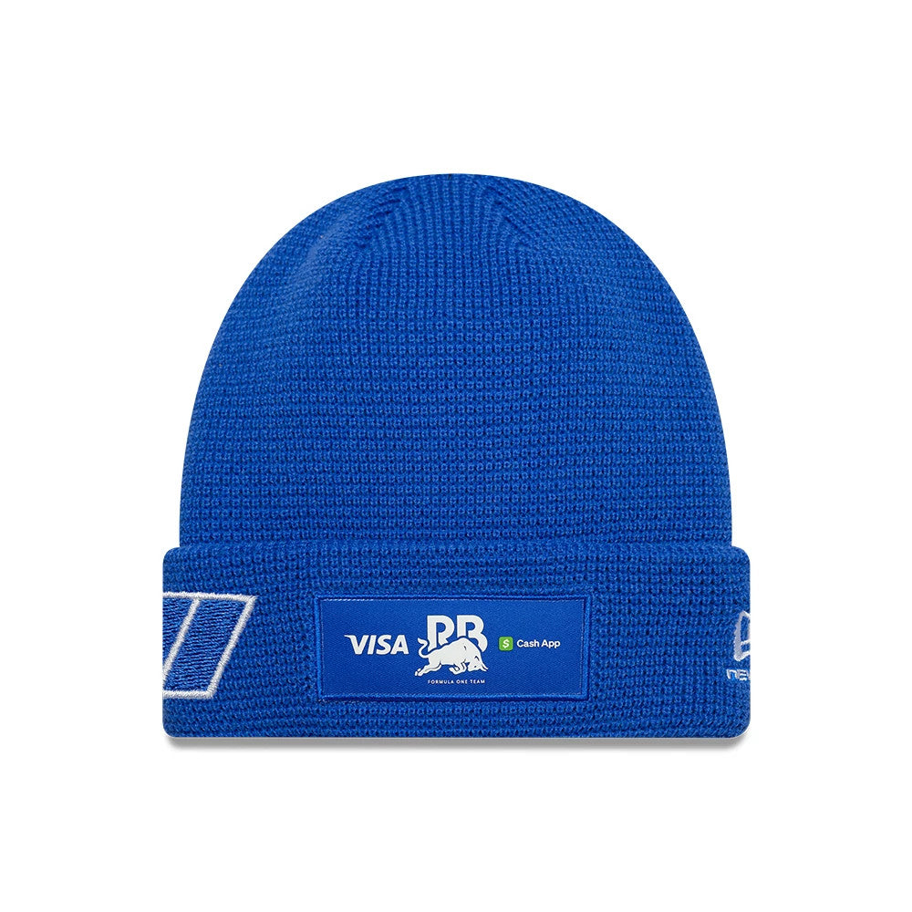 New Era Visa Cash App Racing Bulls Teamline 2026 Bright Blue Cuff Knit Beanie Hat, front view showing a large patch with Visa and Cash App logos on the cuff, embroidered New Era flag logo on the right side.