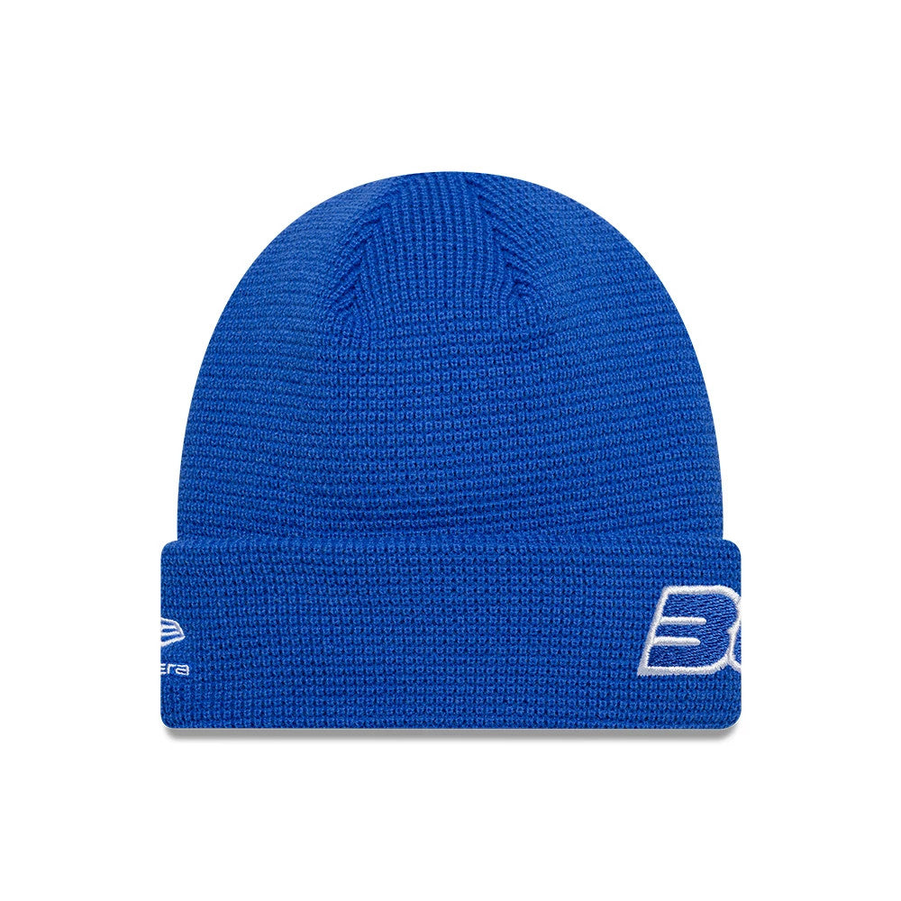New Era Visa Cash App Racing Bulls Teamline 2026 Bright Blue Cuff Knit Beanie Hat, front view showing the white embroidered New Era logo on the left side of the cuff and a racing graphic on the front.