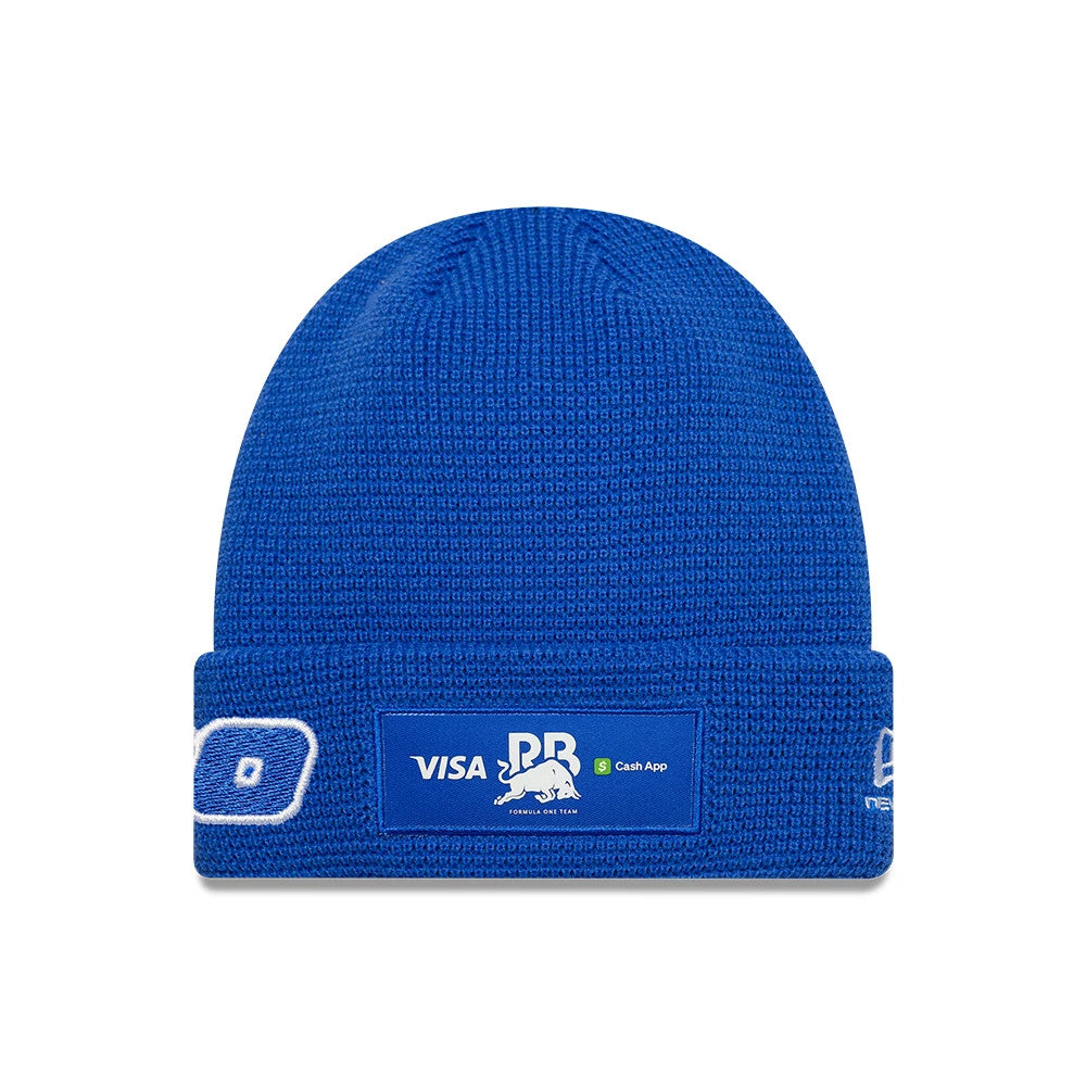 New Era Visa Cash App Racing Bulls Teamline 2026 Bright Blue Cuff Knit Beanie Hat, front view showing a rectangular patch with Visa, Cash App, and bull logos on the cuff, and a white New Era flag logo on the left side.