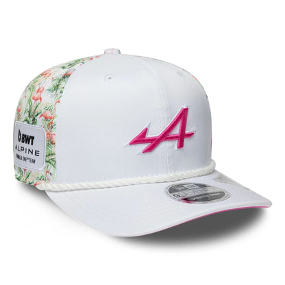 Pictured is this Alpine Racing Miami Race Special 9SEVENTY Stretch Snap Adjustable cap in white. 1