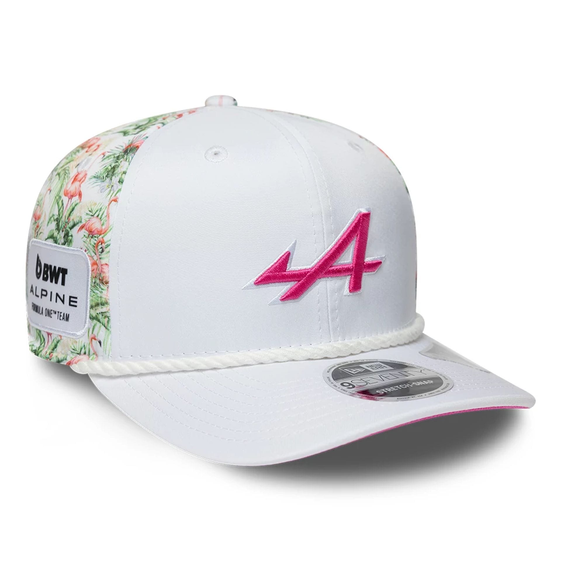 Pictured is this Alpine Racing Miami Race Special 9SEVENTY Stretch Snap Adjustable cap in white. 1