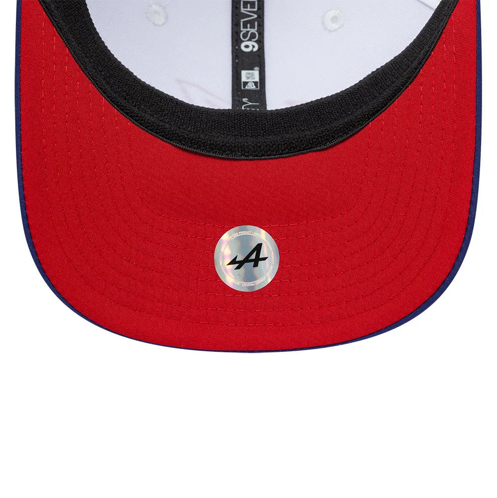 Pictured is this Alpine Racing Silverstone Race Special 9SEVENTY Stretch Snap Adjustable cap in white. 2