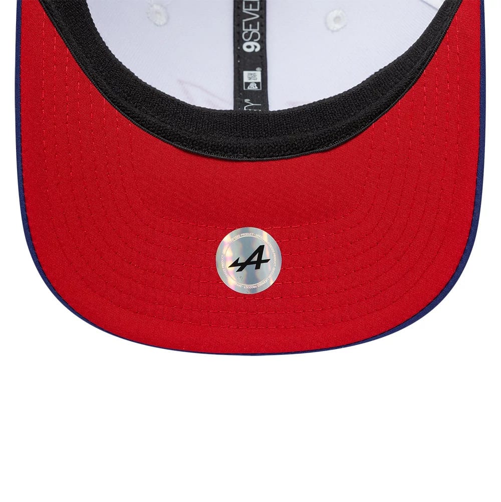 Pictured is this Alpine Racing Silverstone Race Special 9SEVENTY Stretch Snap Adjustable cap in white. 2