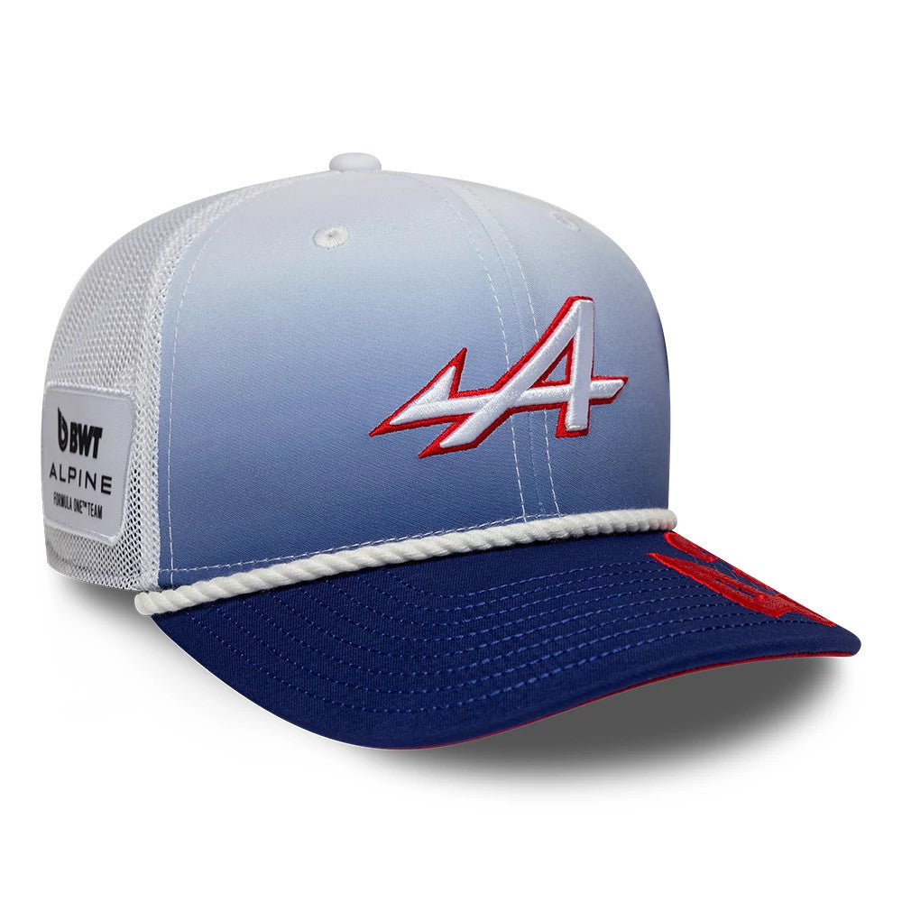 Pictured is this Franco Colapinto Silverstone Race Special Alpine Racing 9SEVENTY Stretch Snap cap in white. 4