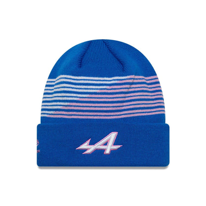 Pictured is this Alpine Racing Team Cuff Knit Beanie hat in blue. 1