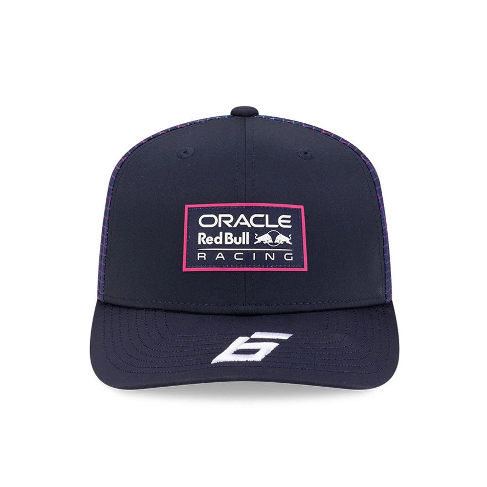 Red Bull Racing Miami Race Special Isack Hadjar Navy New Era 9SEVENTY Stretch Snap Adjustable Cap, front view showing a central white and pink raised embroidery Oracle Red Bull Racing patch on the crown.