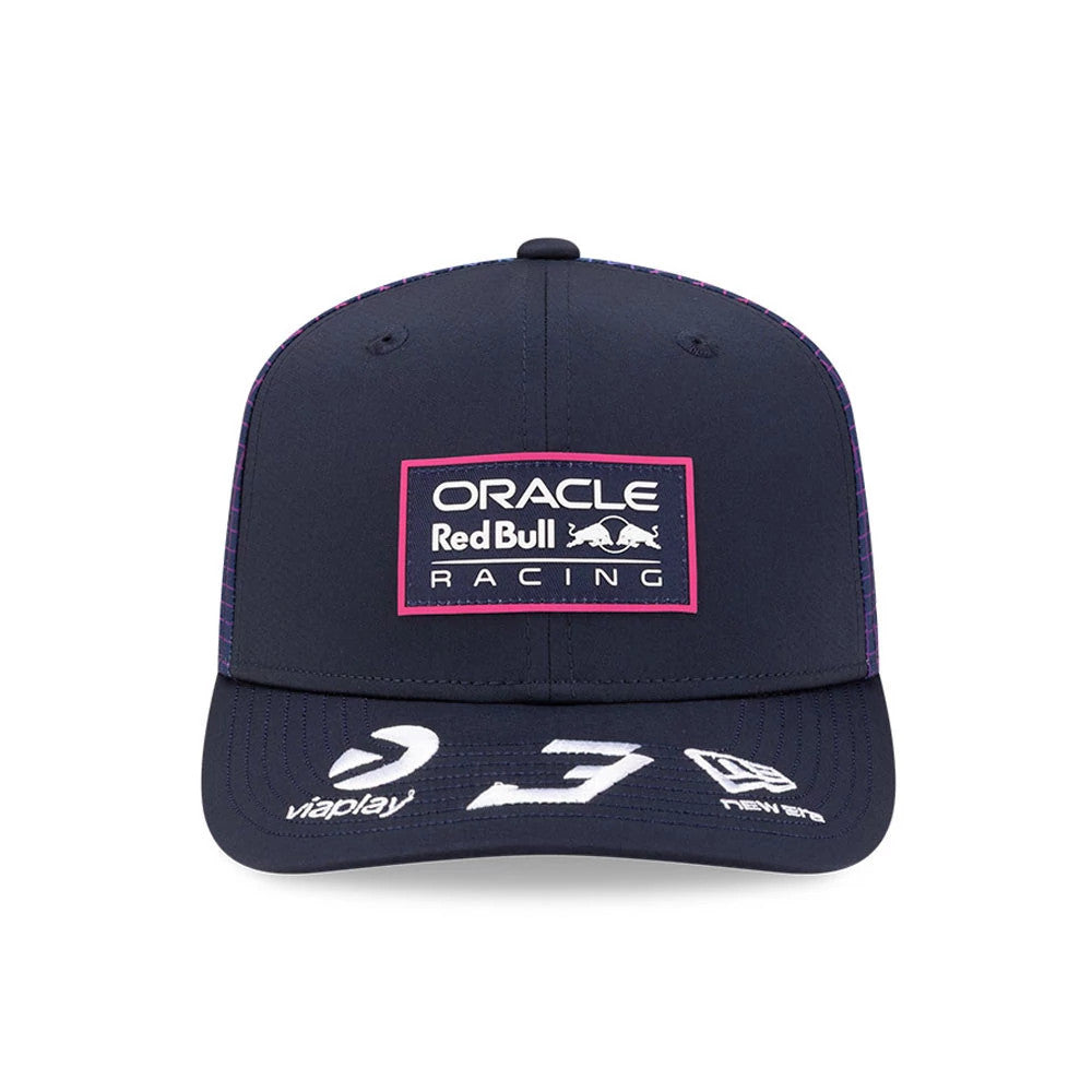 Red Bull Racing Miami Race Special Max Verstappen Navy New Era 9SEVENTY Stretch Snap Adjustable Cap, front view showing the white embroidered Oracle Red Bull Racing logo on the structured navy crown, with white logos on the visor.