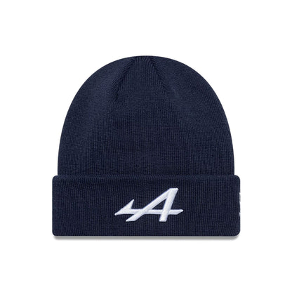 Pictured is this Essential Alpine Racing Cuff Knit Beanie hat in dark blue. 1