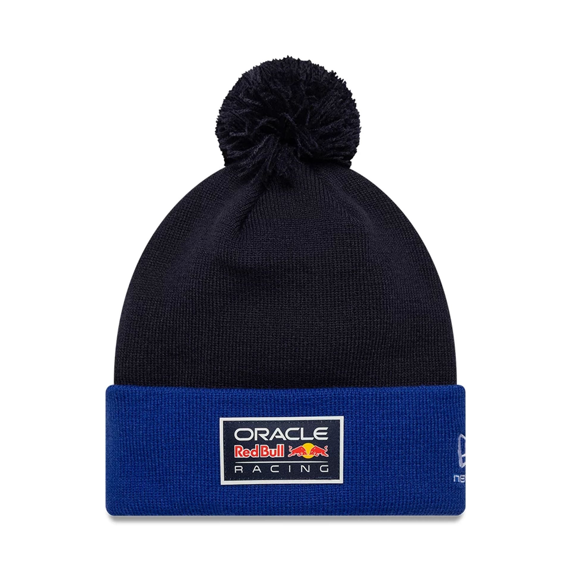 Pictured is this Essential Red Bull Racing Bobble Knit Beanie hat in dark blue. 1