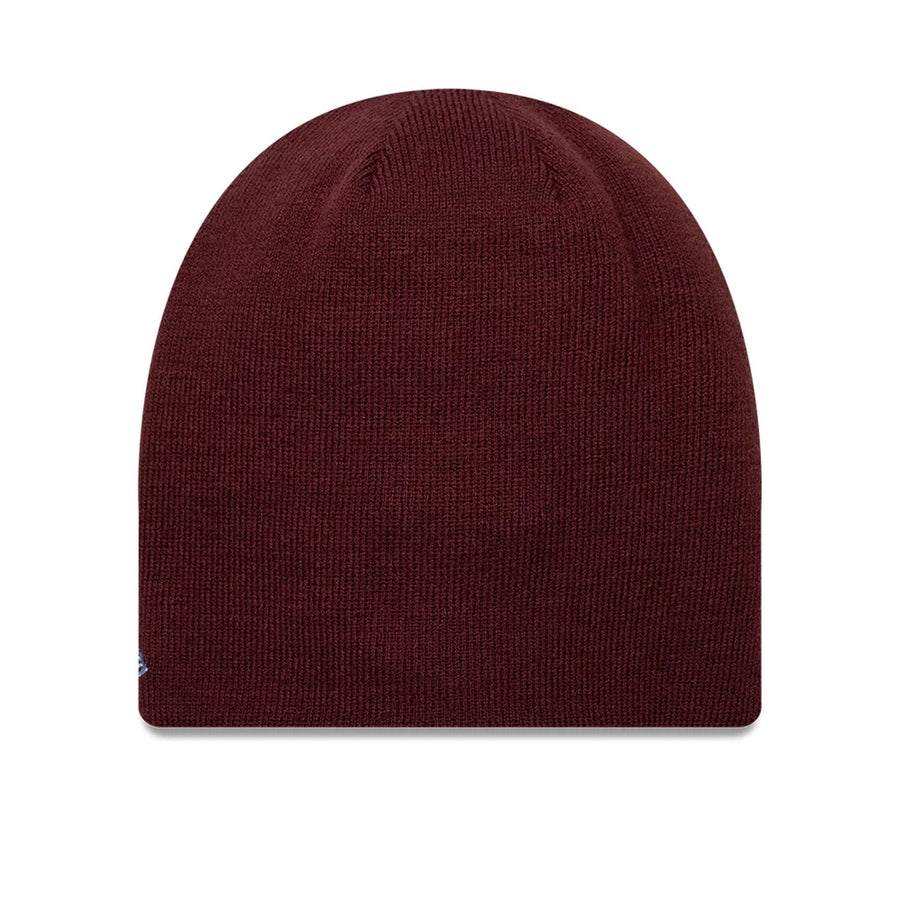 Pictured is this Reverse Aston Villa FC Cuff knit Beanie hat in dark red. 2