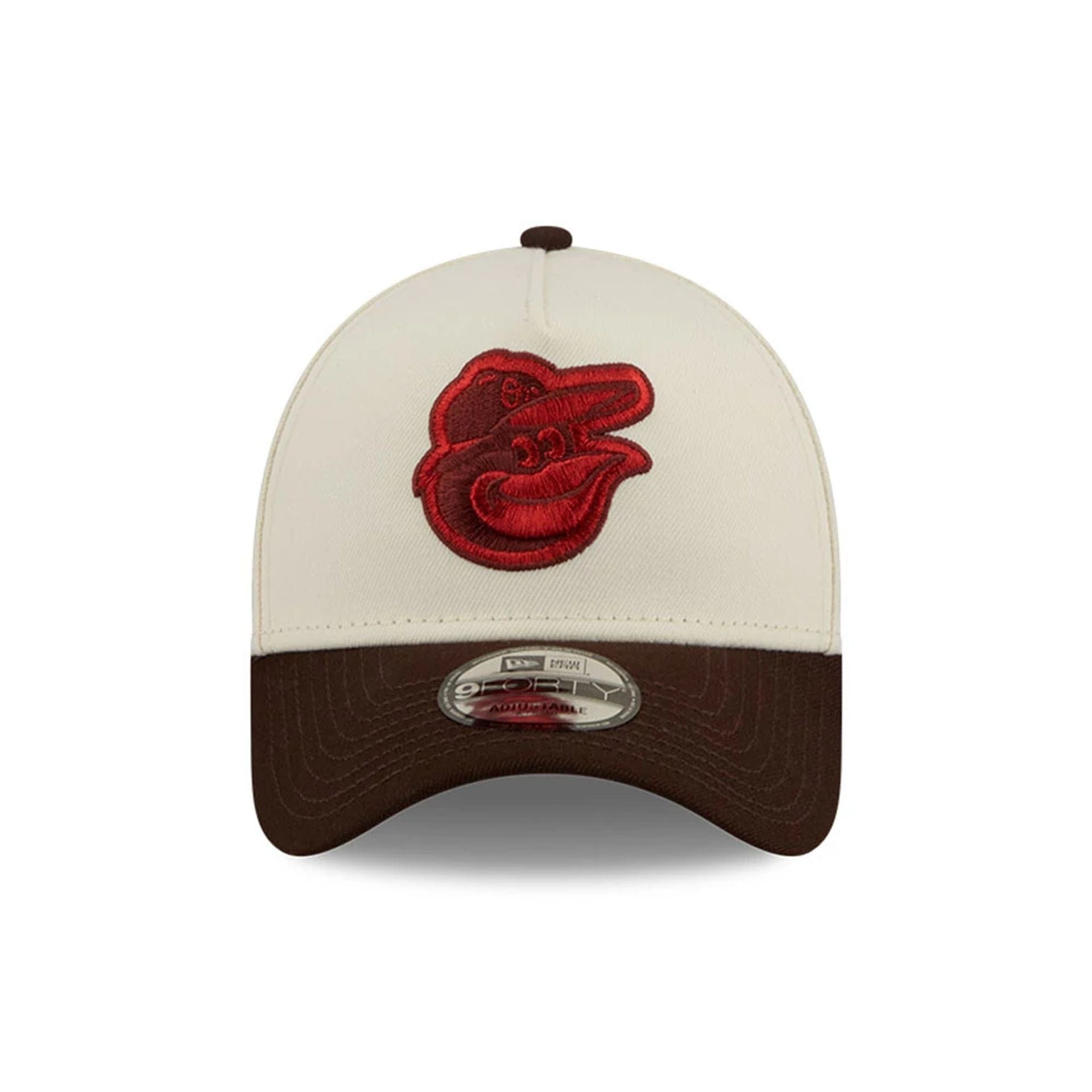 Pictured is this MLB City Script Baltimore Orioles 9FORTY A-Frame cap in Cream. 3