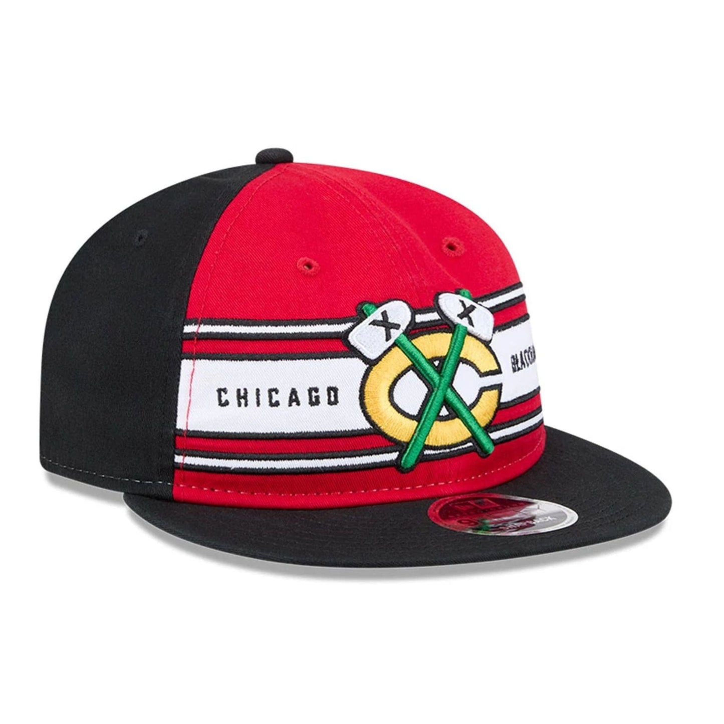 Pictured is this NHL Team Stripes Chicago Blackhawks Retro Crown 9FIFTY cap in red. 3