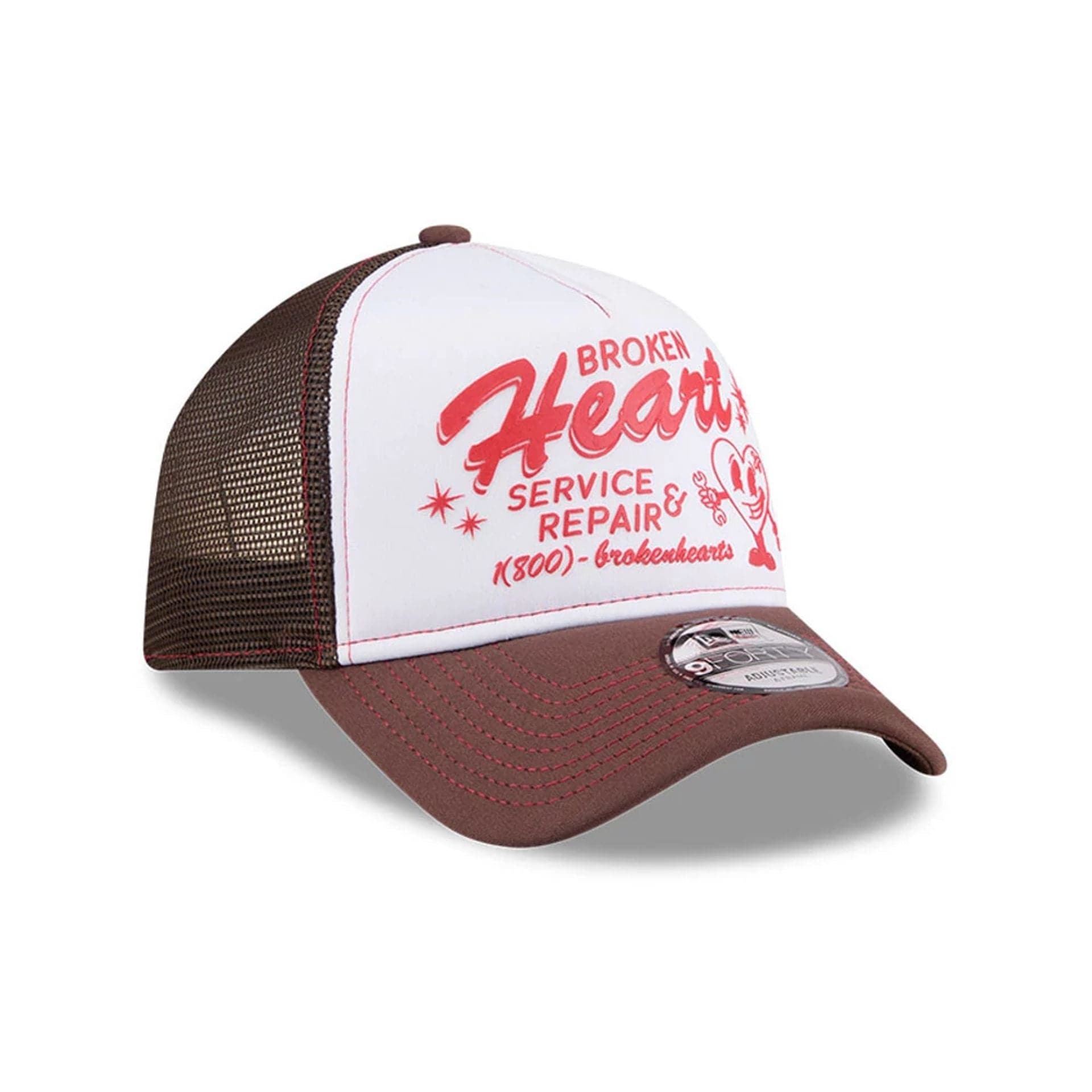 Pictured is this New Era Broken Heart Service & Repair 9FORTY A-Frame Trucker cap in white. 5