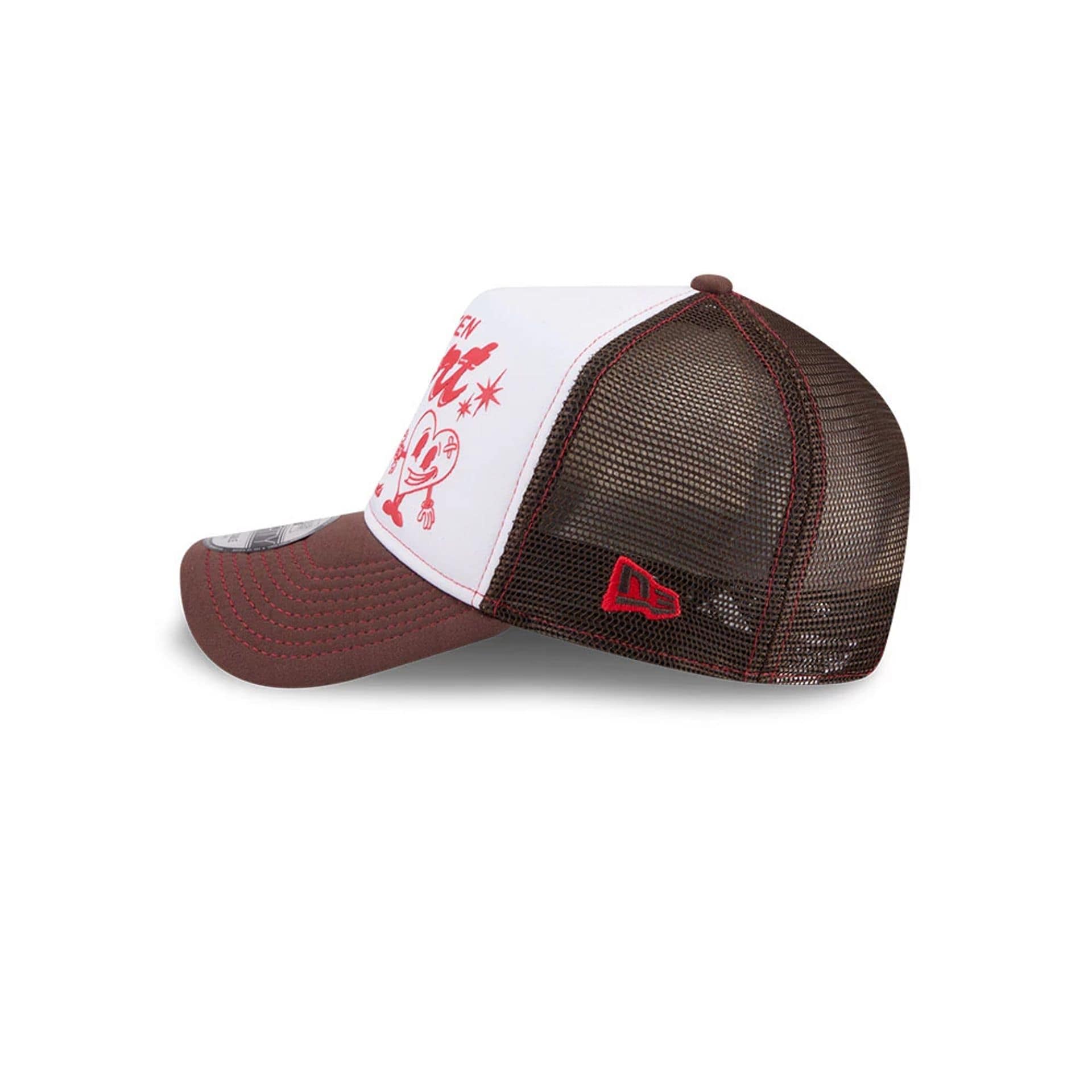 Pictured is this New Era Broken Heart Service & Repair 9FORTY A-Frame Trucker cap in white. 6