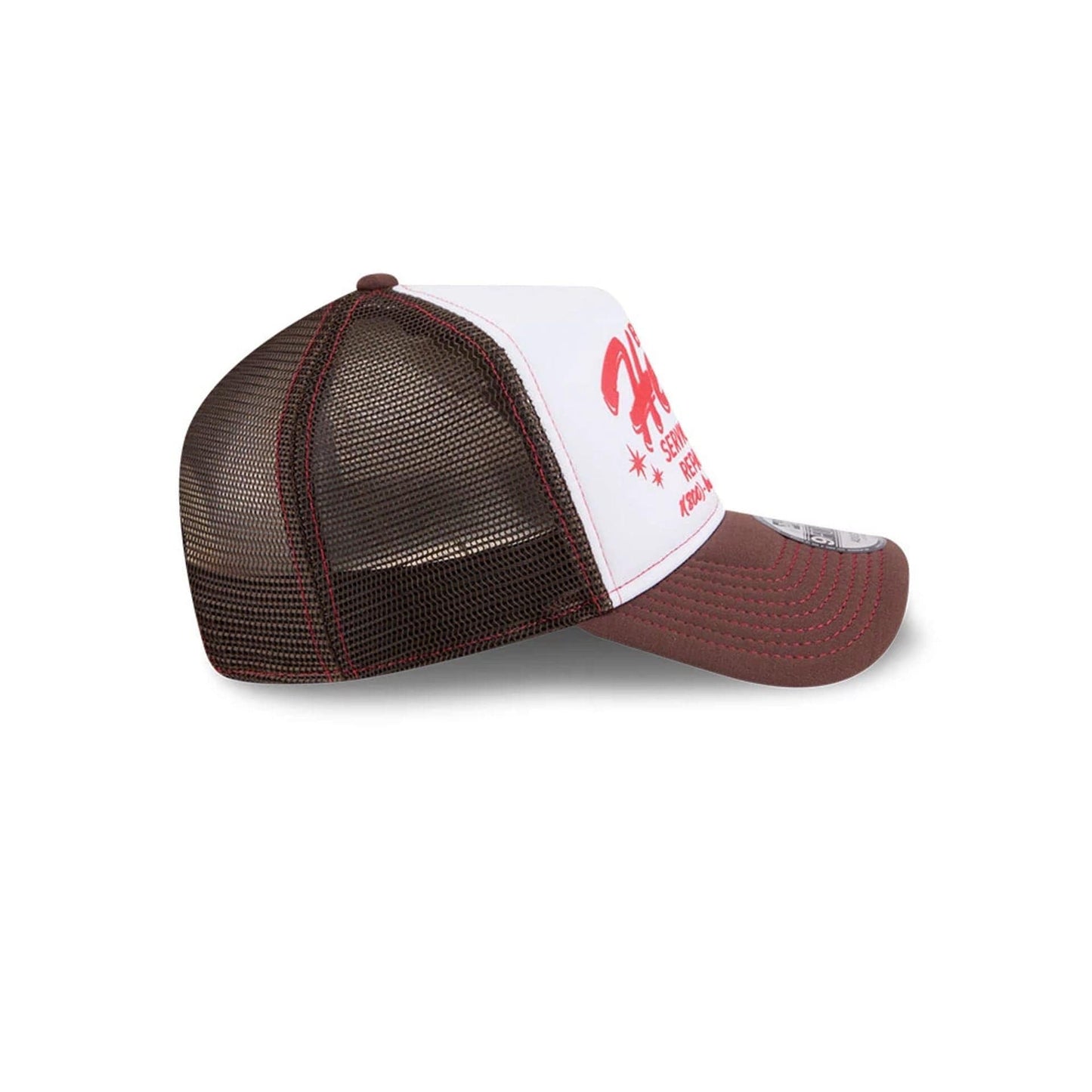 Pictured is this New Era Broken Heart Service & Repair 9FORTY A-Frame Trucker cap in white. 7