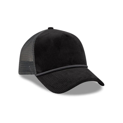 Pictured is this New Era Wide Cord 9FORTY A-Frame Trucker cap in black. 3