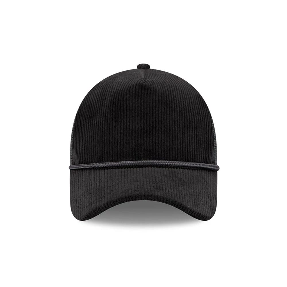 Pictured is this New Era Wide Cord 9FORTY A-Frame Trucker cap in black. 2