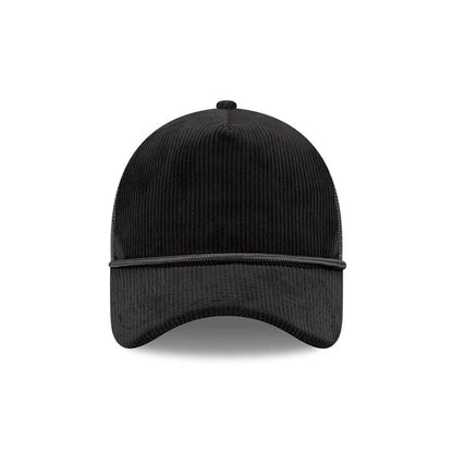 Pictured is this New Era Wide Cord 9FORTY A-Frame Trucker cap in black. 2