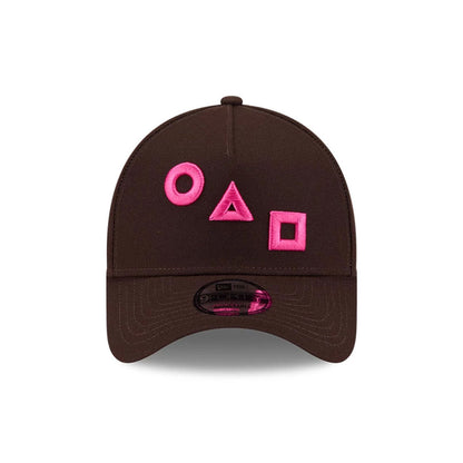 Pictured is this Netflix Squid Game Shapes 9FORTY A-Frame cap in dark brown. 3