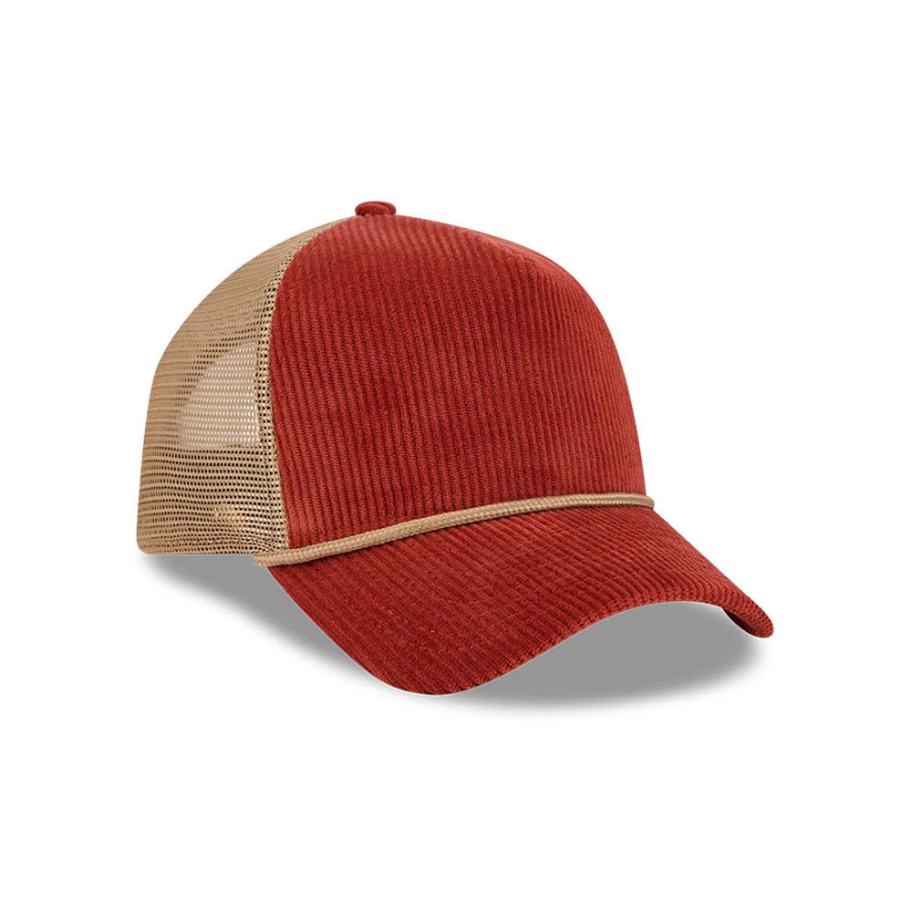 Pictured is this New Era Wide Cord 9FORTY A-Frame Trucker cap in dark red. 3