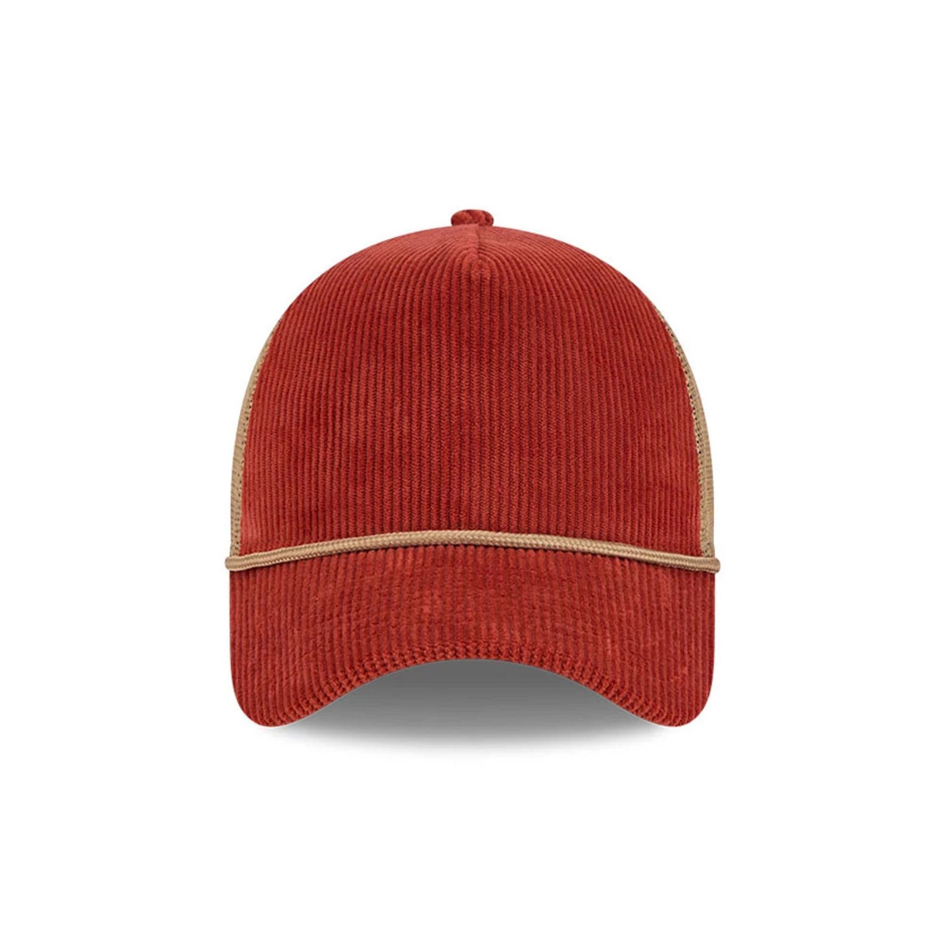 Pictured is this New Era Wide Cord 9FORTY A-Frame Trucker cap in dark red. 2