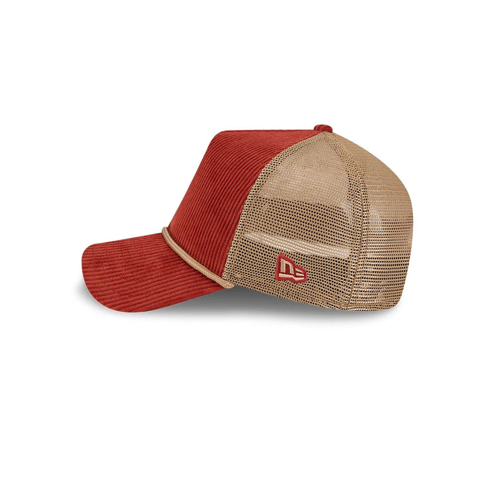 Pictured is this New Era Wide Cord 9FORTY A-Frame Trucker cap in dark red. 4