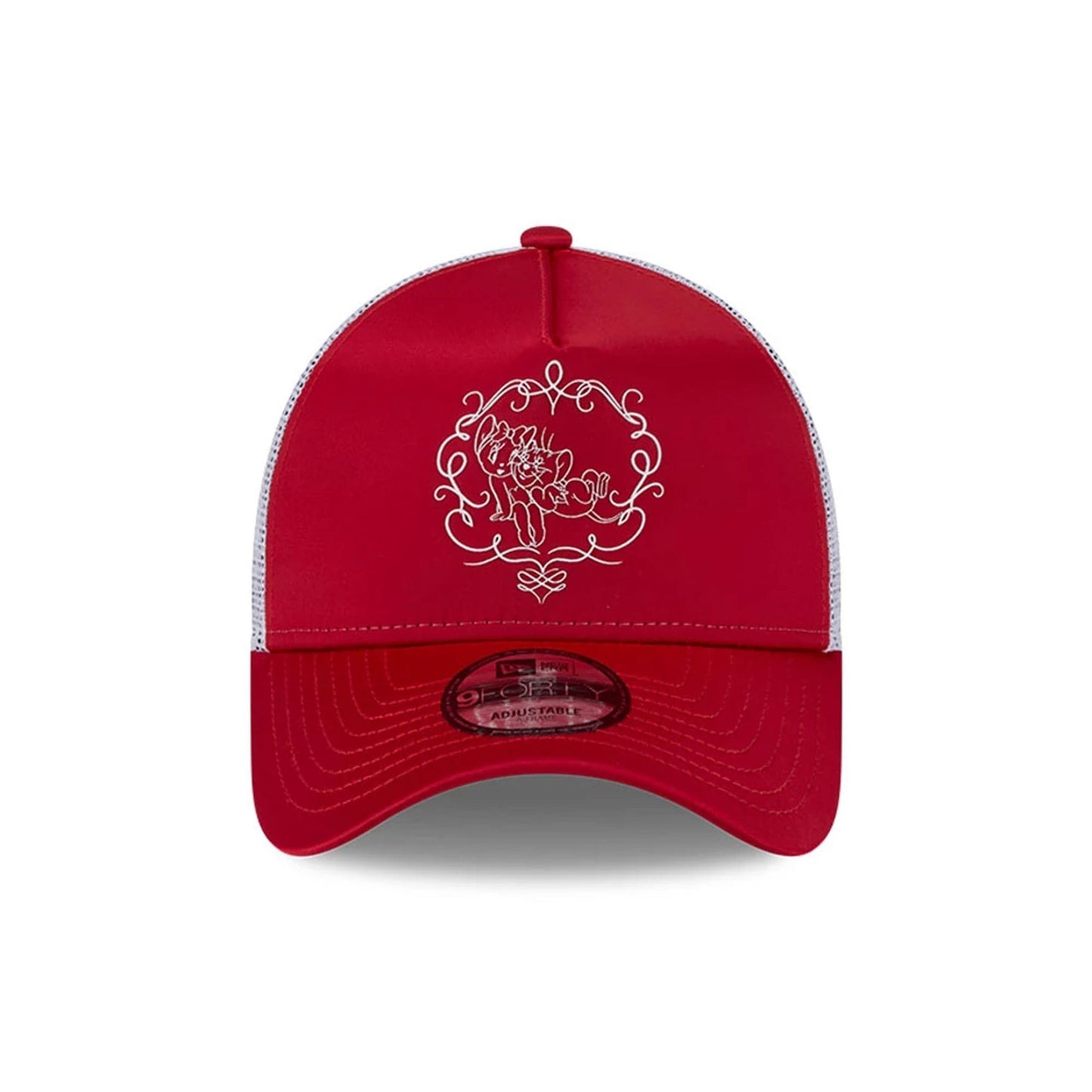 Pictured is this Tom & Jerry Love Cherie 9FORTY A-Frame Trucker cap in red. 3