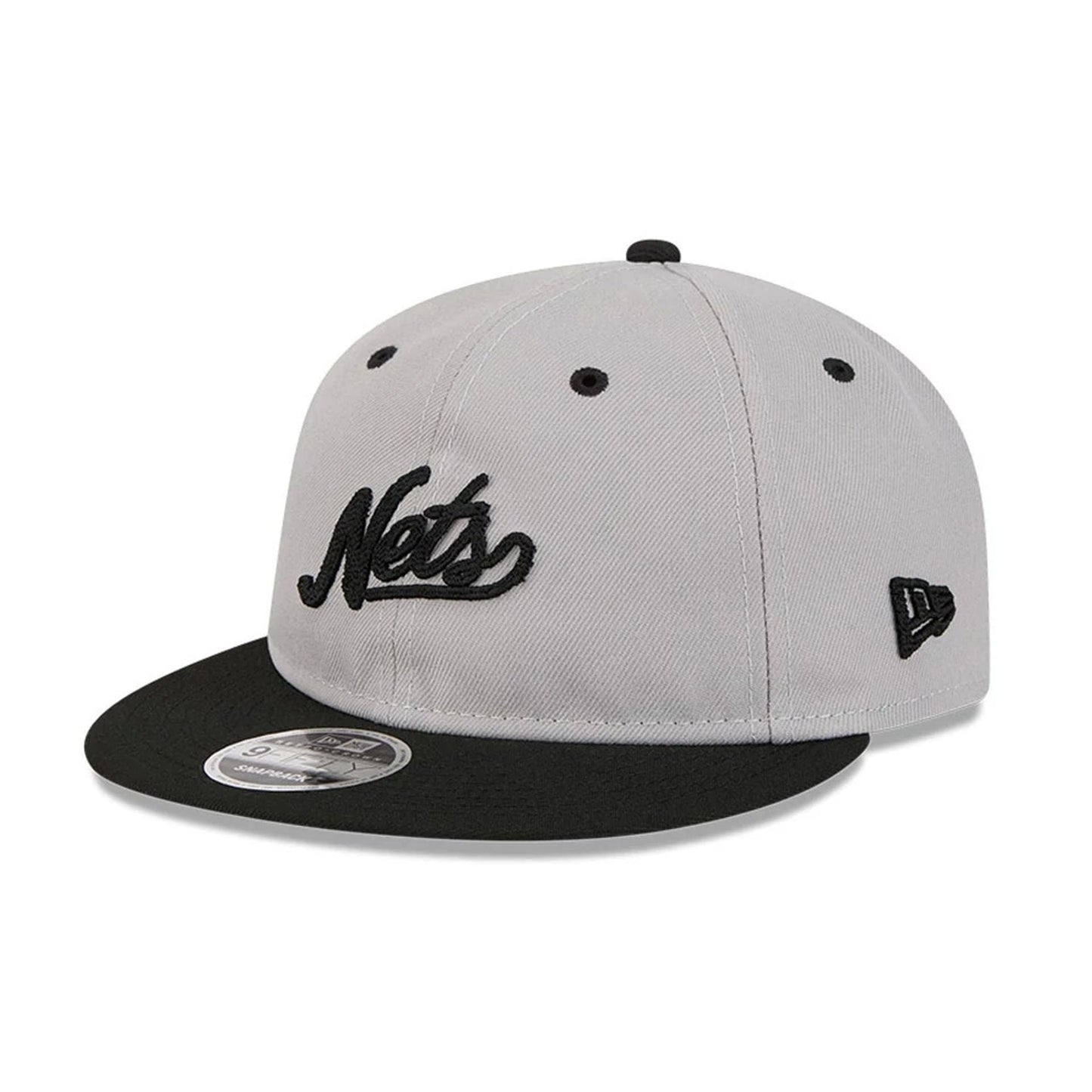 Pictured is this NBA Chainstitch Script Brooklyn Nets Retro Crown 9FIFTY cap in grey. 4