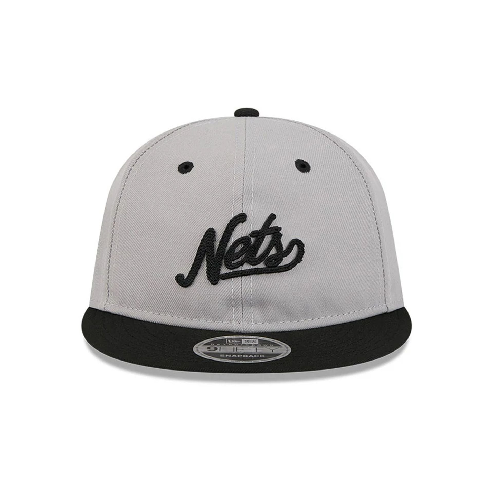 Pictured is this NBA Chainstitch Script Brooklyn Nets Retro Crown 9FIFTY cap in grey. 3