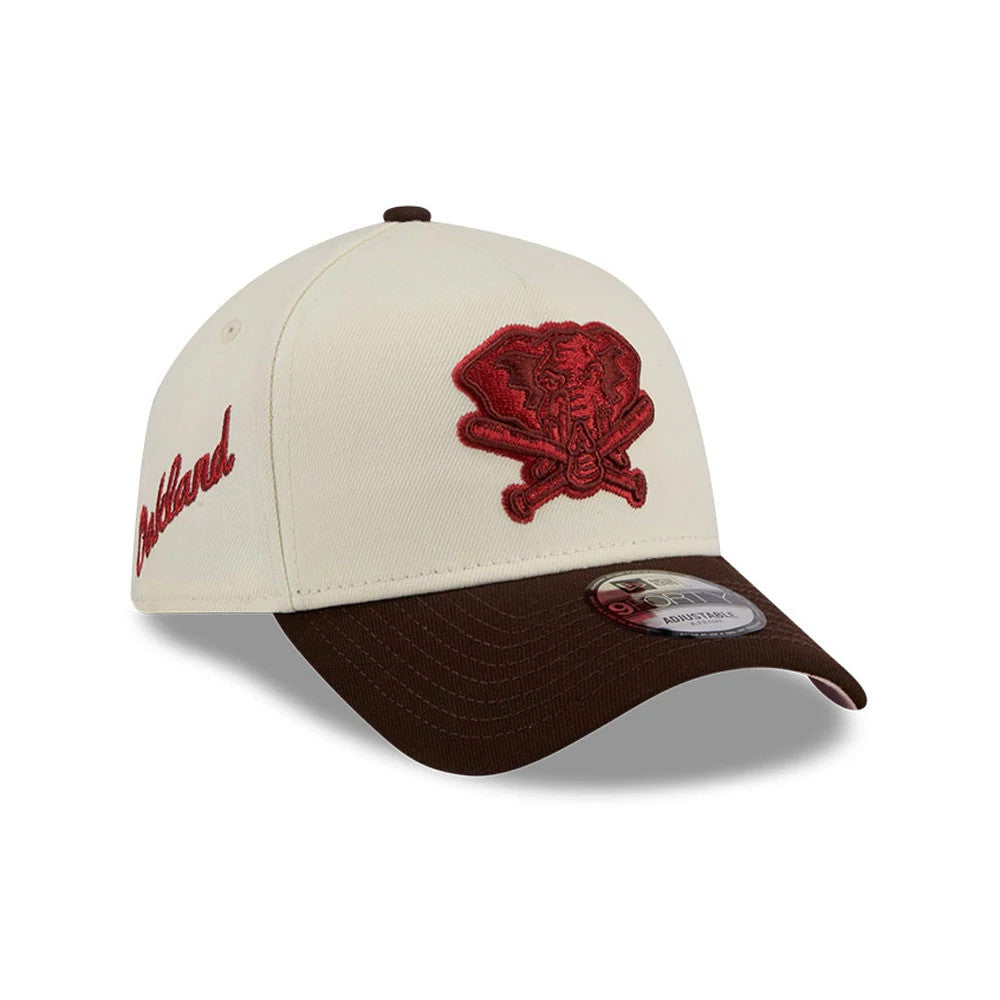 Pictured is this MLB City Script Athletics 9FORTY A-Frame cap in Cream. 1