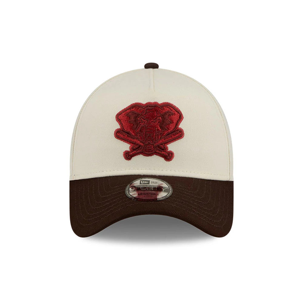 Pictured is this MLB City Script Athletics 9FORTY A-Frame cap in Cream. 3