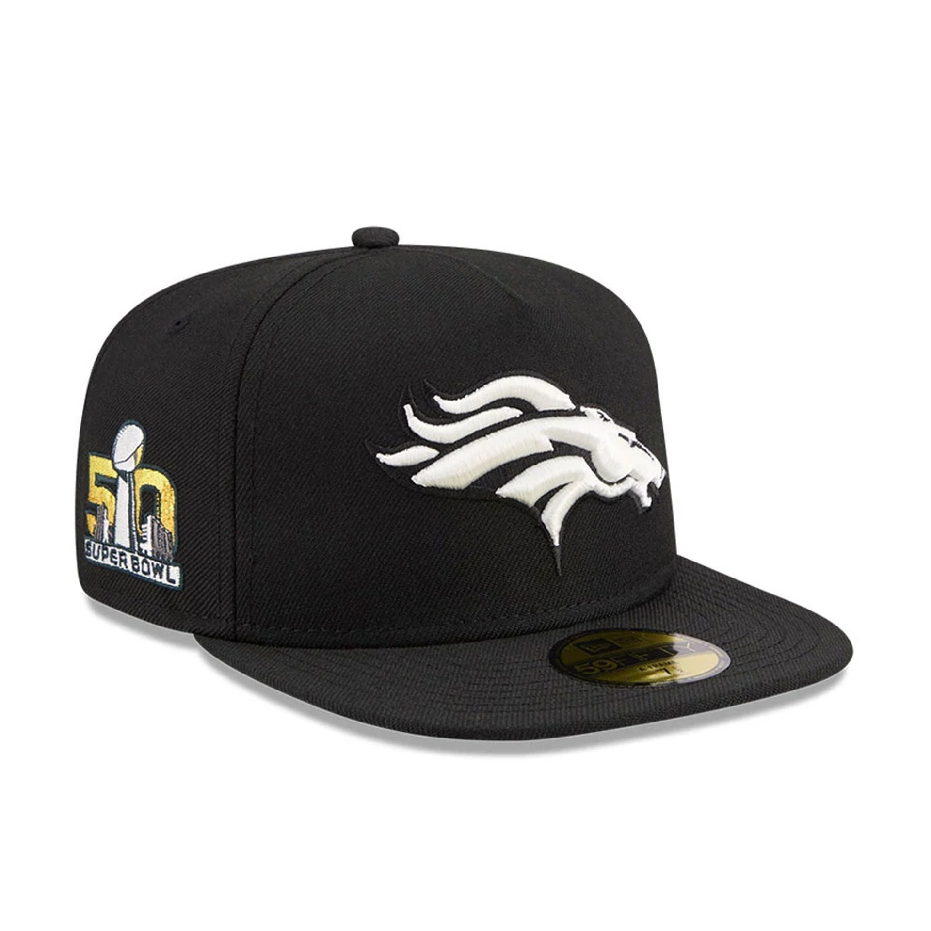 Pictured is this NFL Chiseled Embroidery Denver Broncos 59FIFTY A-Frame Fitted cap in Black. 1