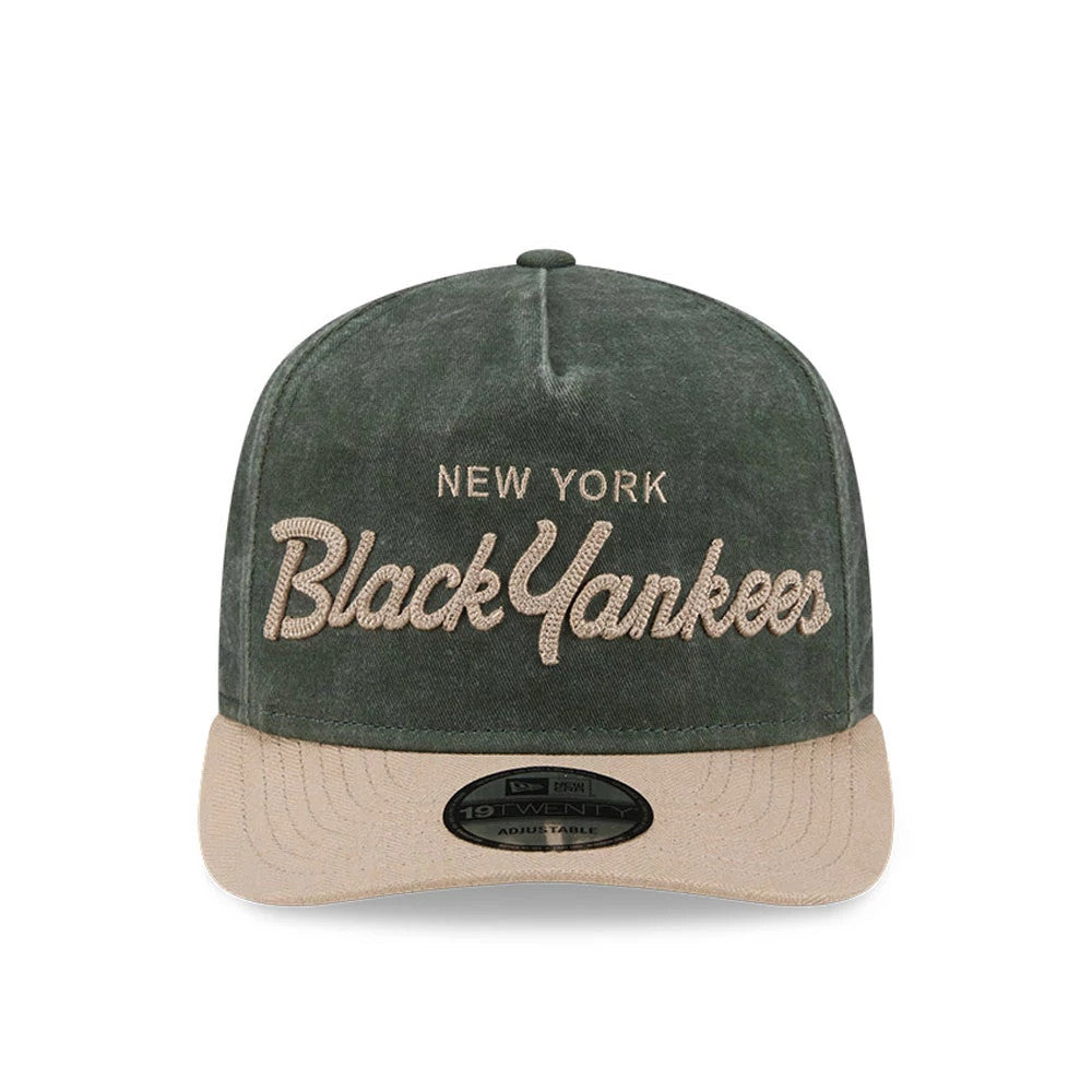 New York Black Yankees MLB Negro League Dark Green New Era 19TWENTY Adjustable Cap, front view showing cream embroidered team lettering on the structured dark green crown, with a contrasting tan visor and a 19TWENTY size sticker on the visor.