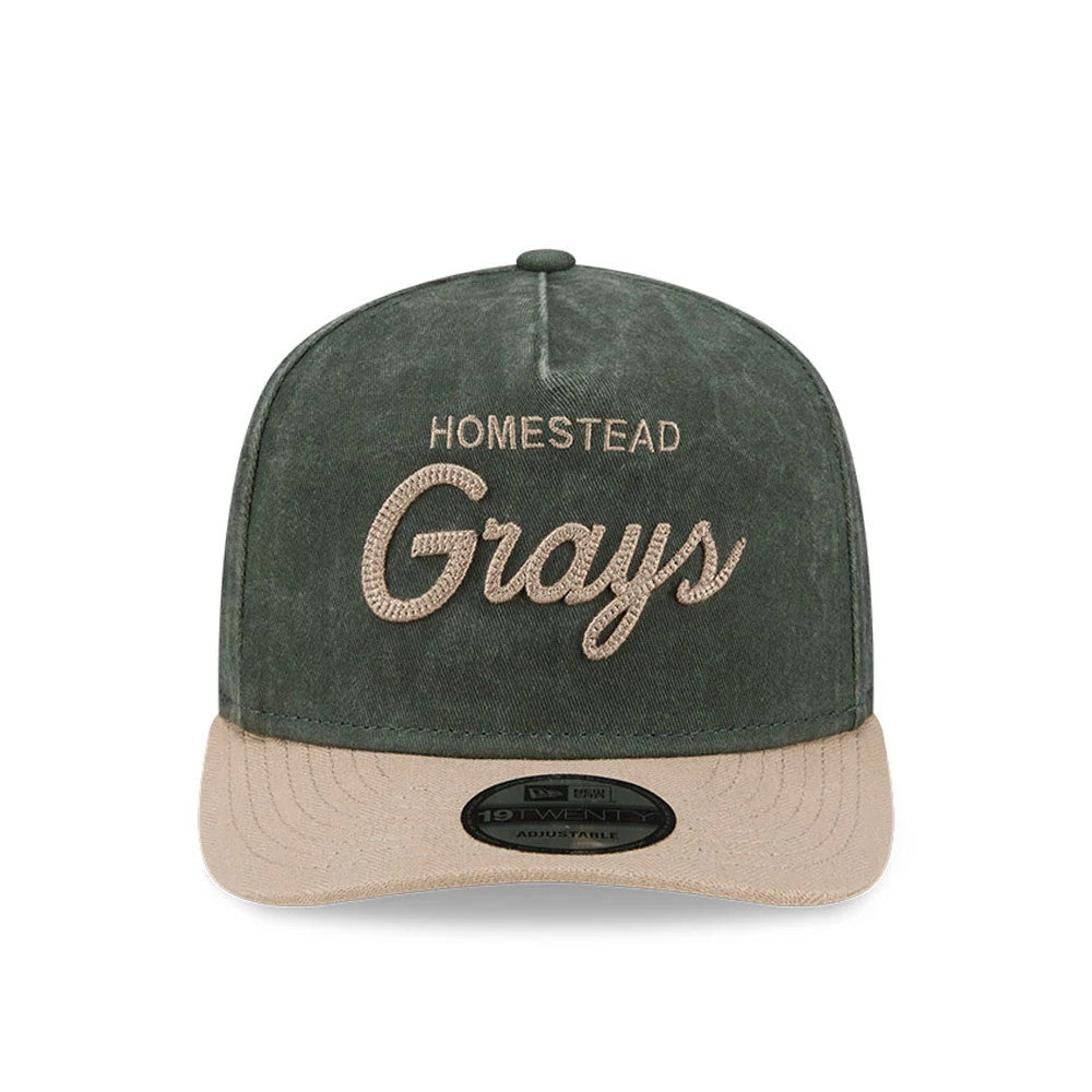 Homestead Grays MLB Negro League Dark Green New Era 19TWENTY Adjustable Cap, front view showing tan embroidery with Homestead Grays on the dark green crown, a tan flat visor, and a 19TWENTY size sticker on the visor.
